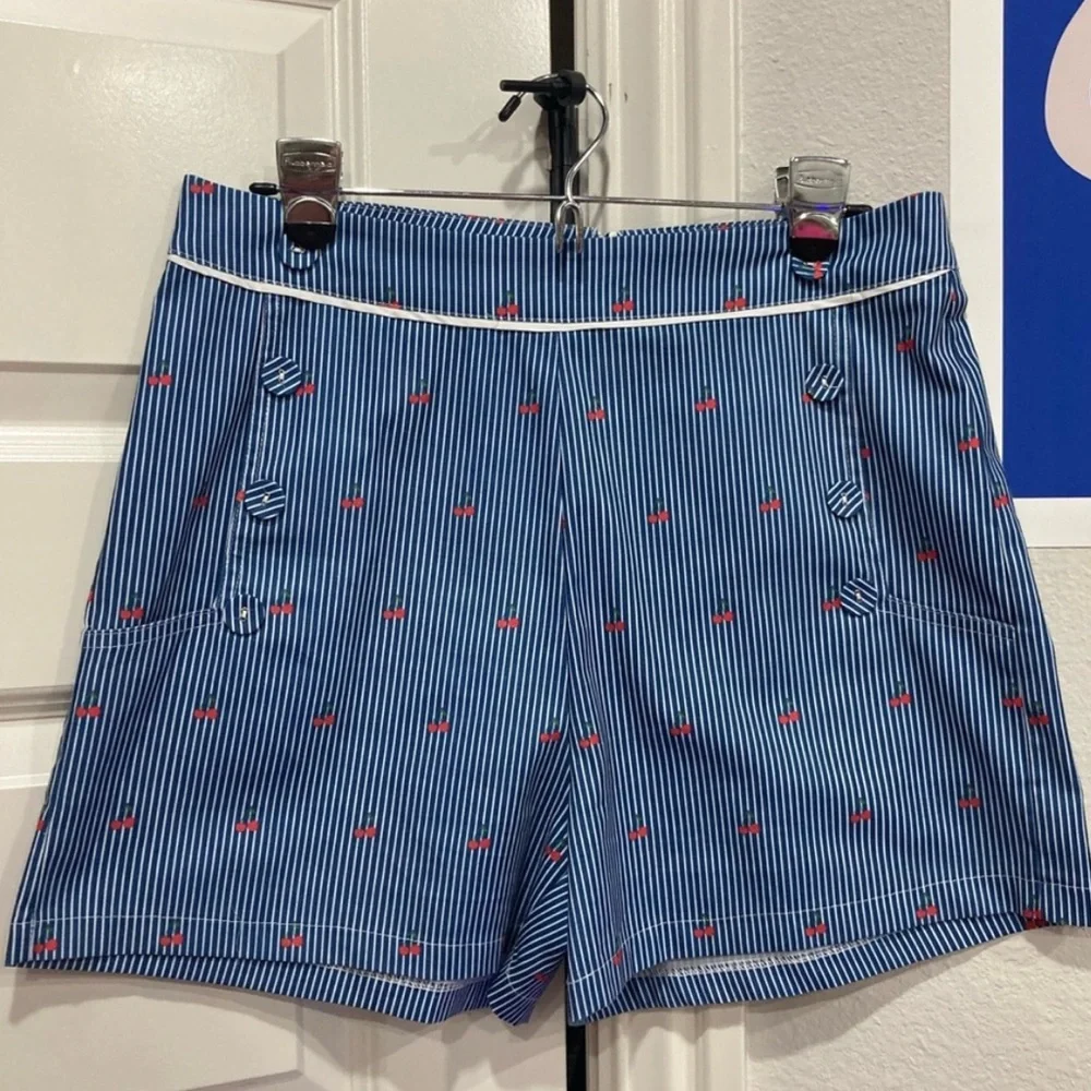 Voodoo Vixen High Waisted Blue Striped Shorts with Red Cherry Details Rockabilly - Picture 1 of 4